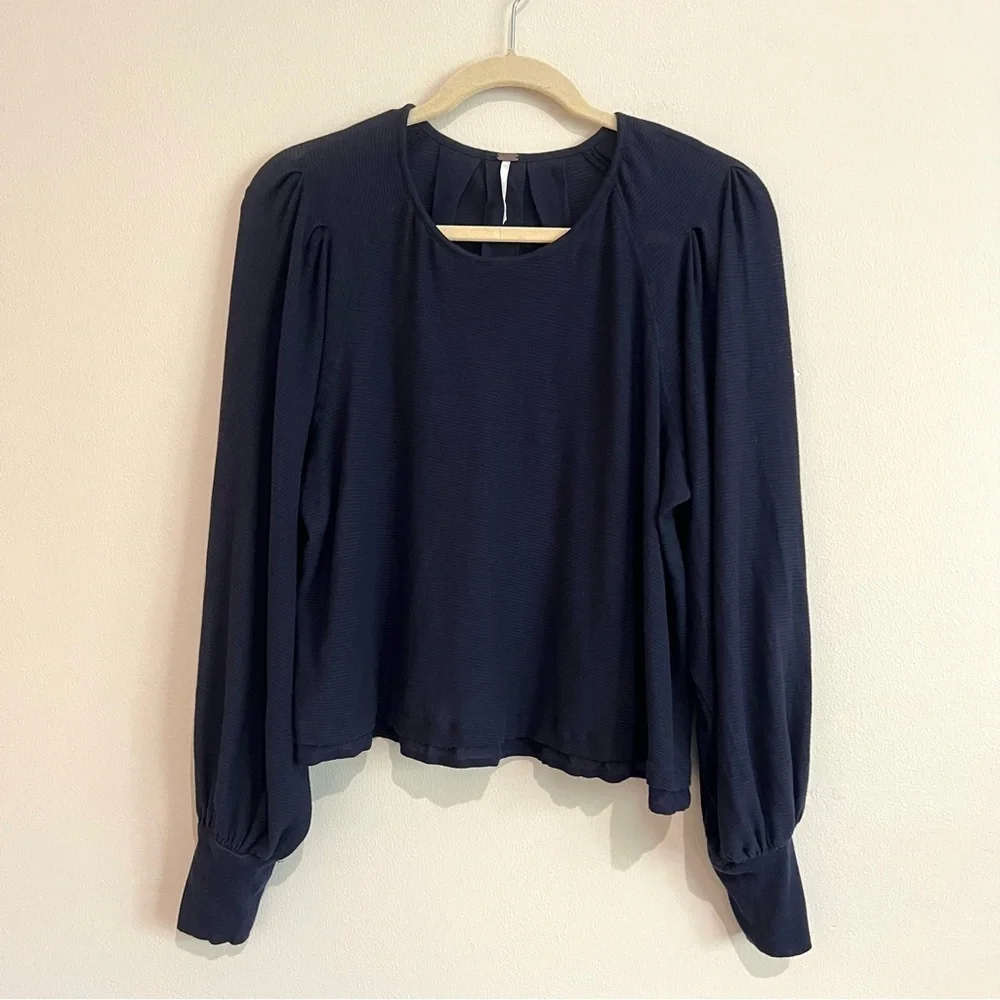 Free People Navy Billie Balloon Puff Sleeve Oversized Peasant Top Sz Medium